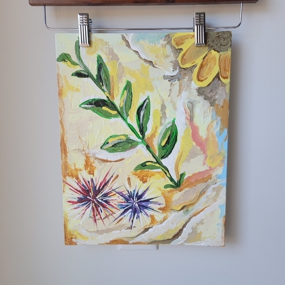Coastal acrylic painting of sunflower and sea urchins nature‎ inspired